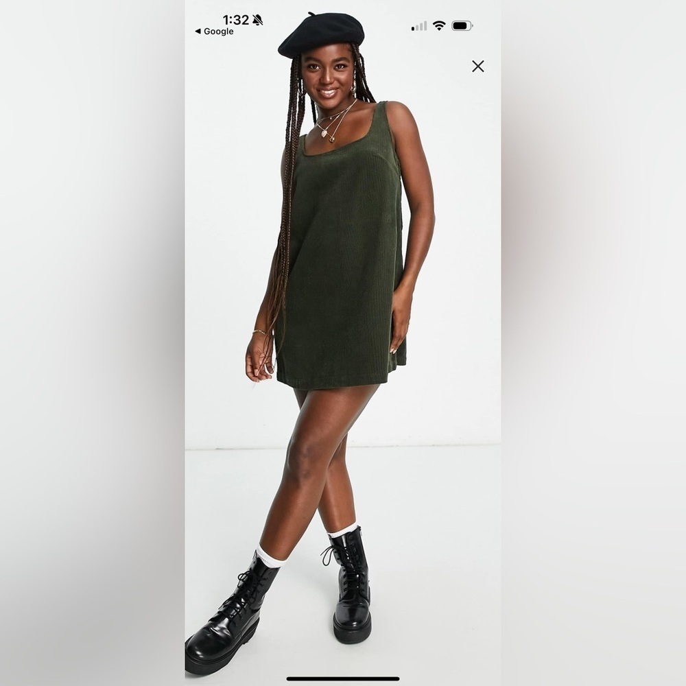 ASOS forest green a-line corduroy pinafore mini dress with pockets - Picture 12 of 13